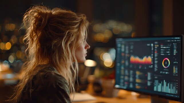 woman working on computer at night