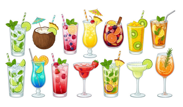 Summer cocktails and tropical drinks collection vector illustration isolated on white background
