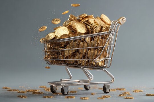 shopping cart overflowing with golden coins