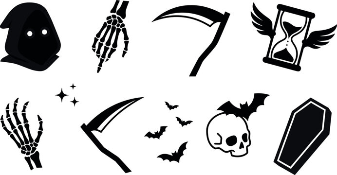 Grim Reaper and Halloween Black Silhouette Element Set with Scythe Skull Coffin Skeleton Hands Winged Hourglass and Bats for Gothic Vector Designs