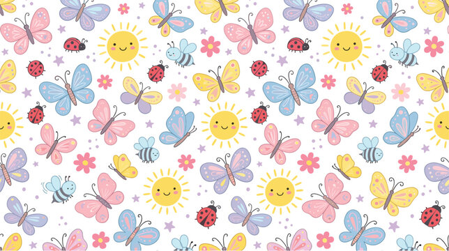 "Colorful cartoon vector pattern with butterflies, bees, ladybugs, smiling suns, flowers, and stars in playful spring design"