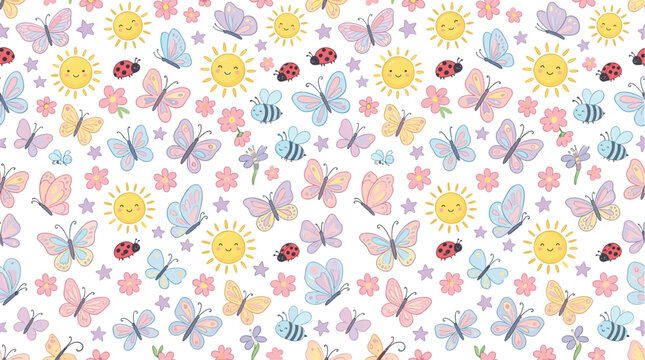 "Colorful cartoon vector pattern with butterflies, bees, ladybugs, smiling suns, flowers, and stars in playful spring design"