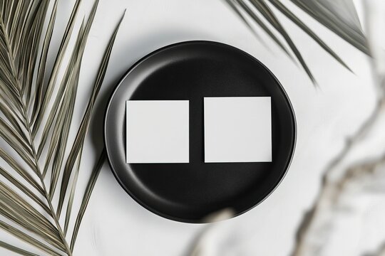 Photo of a minimalist mockup with two blank business cards on an elegant black plate, with a leafy branch next to it. 