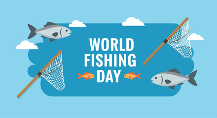 A blue poster with fishing nets and fish celebrating World Fishing Day © Rilias