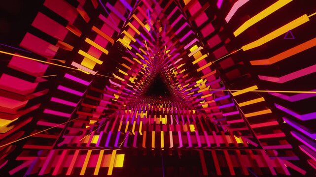 Hypnotic 4k seamless VJ loop of a futuristic triangle tunnel. Abstract data vortex made of glowing blocks and digital structures, for stage screens and techno music events