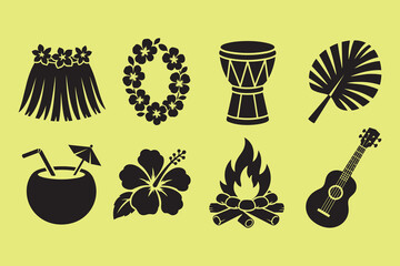 Set of tropical hawaiian icons including hula skirt, lei, drum, and ukulele © Misu