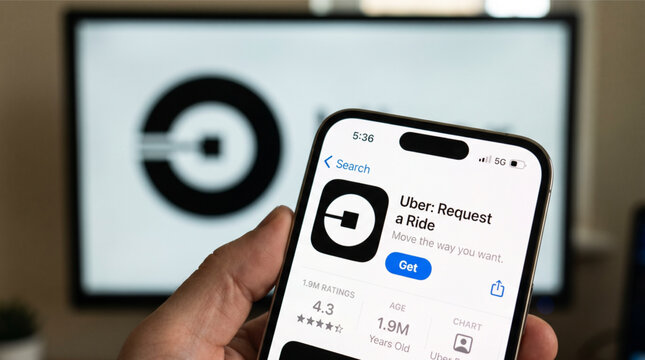 Hand Holding iPhone Displaying Uber App on Apple App Store Screen with Blurred Uber Logo Background Mobile Ride Sharing Service Technology Transport