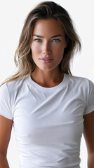 Fototapeta premium Woman portrait studio headshot white shirt young adult model with long hair, natural makeup, confident gaze, isolated background