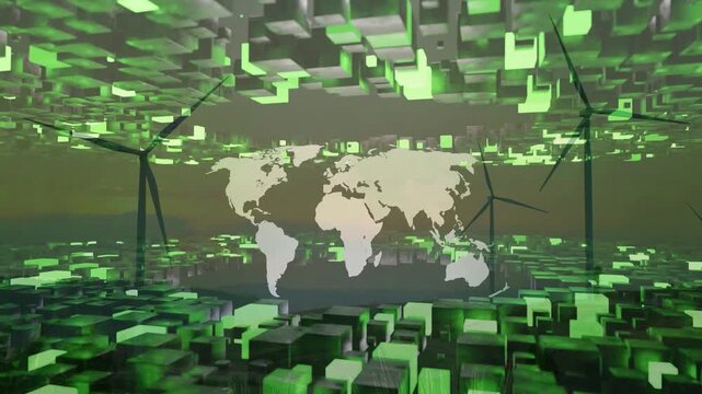 World map with digital glowing green cubes and wind turbines. Concept of a global green energy future, eco-friendly technology, and sustainability.