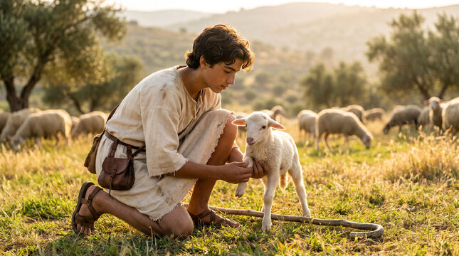 David shepherding sheep in biblical Judean wilderness, photorealistic medium shot of teenage David kneeling on green grass beside a small white lamb