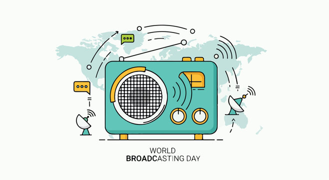 A colorful illustration of an old radio on a world map background