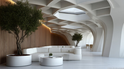 Naklejka premium Luxury cafe interior modern minimalist white sofa skylight, curved architecture, indoor tree, warm lighting, serene lounge