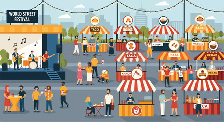 A vibrant outdoor festival with food stalls and live music © Ukar