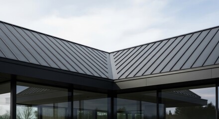 Obraz premium A modern building's sleek roof and glass facade under a cloudy sky