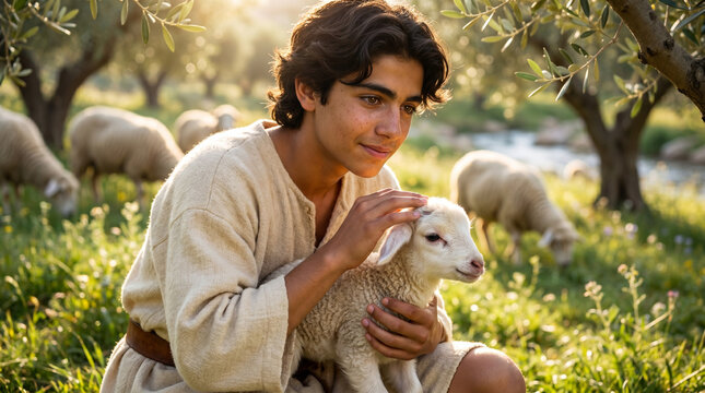 Teenage shepherd David showing affection to a newborn lamb in a lush green setting