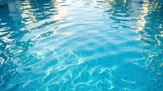 Close up of clear blue swimming pool water surface with light reflections and ripples