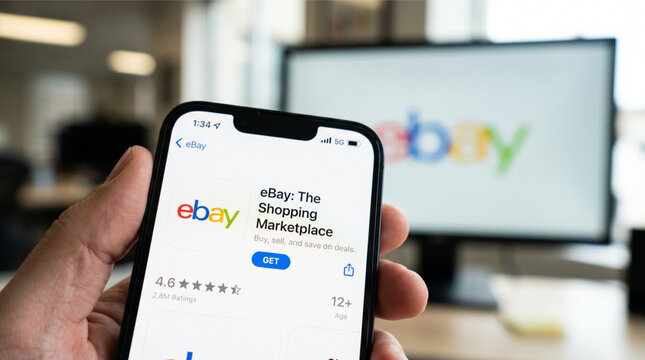 Hand holding iPhone displaying eBay Shopping Marketplace app on App Store screen with blurred eBay logo on computer monitor background office setting