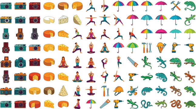 Vector illustration mega set of various cartoon icons including photo cameras cheese wheels yoga poses colorful umbrellas hand tools and reptiles isolated on white background