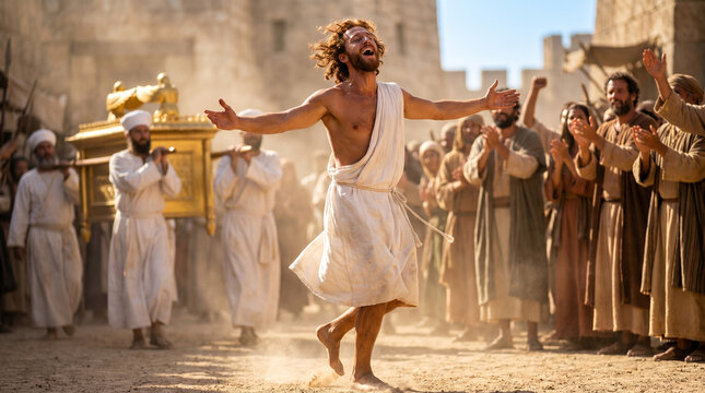 King David joyful dancing before the Ark of the Covenant in ancient city background