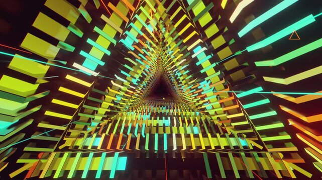 Hypnotic 4k seamless VJ loop of a futuristic triangle tunnel. Abstract data vortex made of glowing blocks and digital structures, for stage screens and techno music events