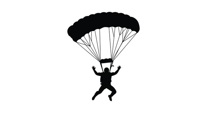 Parachutist in mid air descent black silhouette