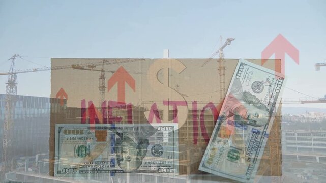 Faded "INFLATION" text and upward red arrows overlaid on 100 US dollar bills and a modern construction site. Depicts rising real estate costs and economic inflation.