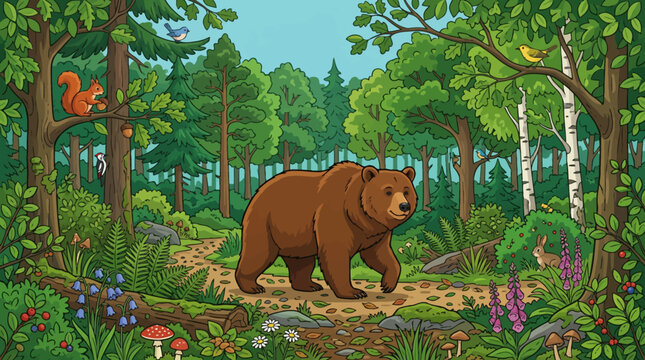 Cartoon vector illustration of large bear in forest environment surrounded by trees and natural vegetation, colorful wildlife atmosphere, clean vector style, highly detailed woodland habitat scene