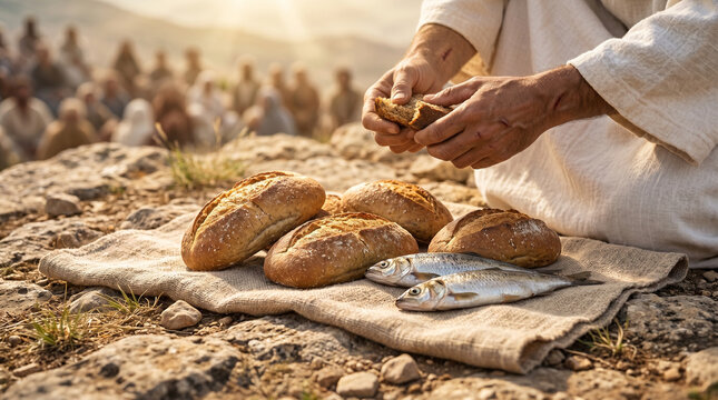 medium close-up from low angle looking at barley loaves and fish placed on rocky ground, the hands of Jesus Christ visible in soft background breaking bread or blessing the food.