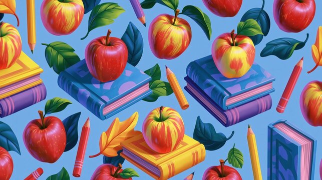 Educational pattern features red apples, open books, and pencils scattered across a blue background, symbolizing.