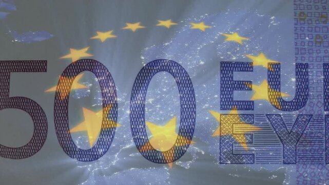 Double exposure of a 500 Euro banknote, the European Union flag, and a glowing night map of Europe. Symbolizes EU economy, European finance, and unity.