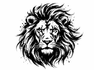Obraz premium Lion Head Facing Forward with Thick Mane and Ink Splatters in Black and White on White Backdrop