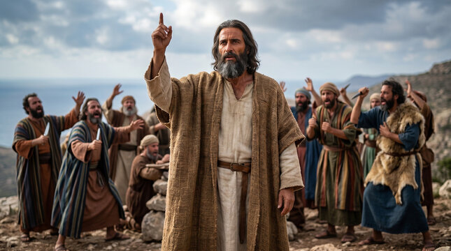 Prophet Elijah, calm and authoritative, confronting the prophets of Baal on Mount Carmel