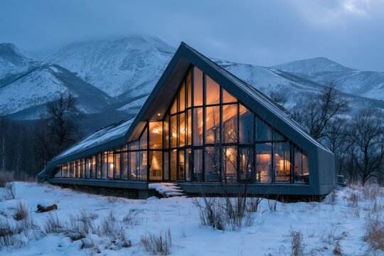 modern cabin nestled in snowy mountains