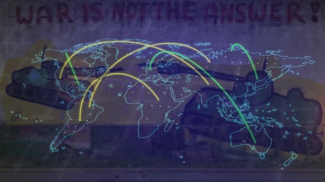 Glowing digital world map with trajectory lines overlaid on a graffiti wall reading "WAR IS NOT THE ANSWER!" with a tank, urging global peace.