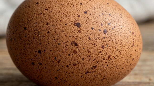 Close-up textured brown speckled egg on a wooden surface