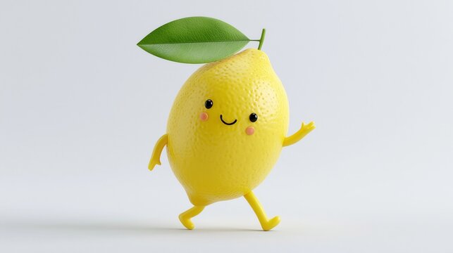 Lemon character with a cheerful face and green leaf hat is playfully walking forward on a solid background.