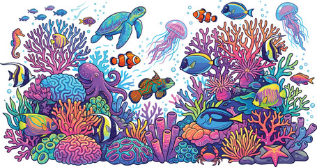 Vector illustration of a vibrant tropical coral reef ecosystem with colorful marine fish a sea turtle and an octopus isolated on white background © EdGe Creative