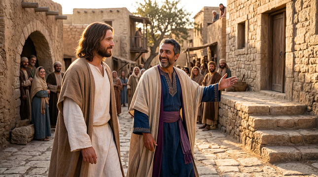Jesus and Zacchaeus walking together happily toward home in an ancient village