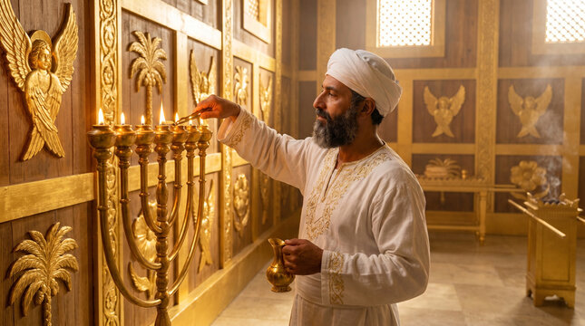 Priest in Solomon's Temple Lighting Menorah with Spiritual Atmosphere