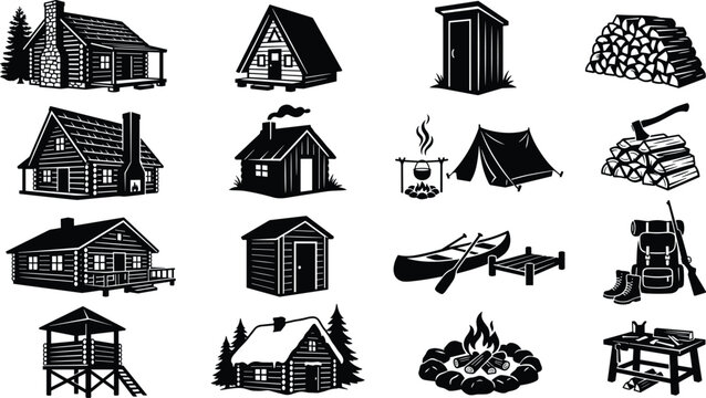 Cartoon silhouette icons of rustic cabins, camping gear, campfire, canoe, backpack, watchtower, outdoor living and adventure tools