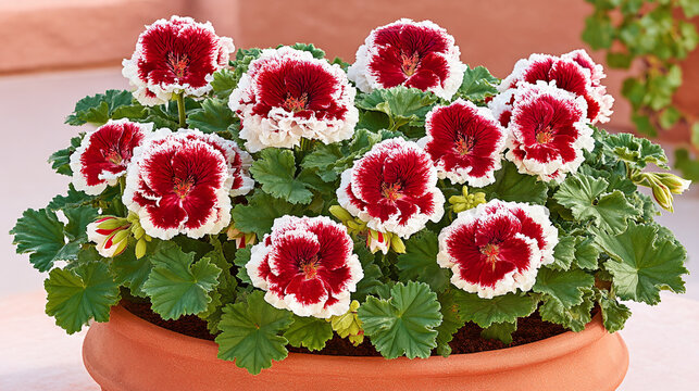 Potted red and white regal pelargonium flowers in clay pot with pelargonium geranium botanical