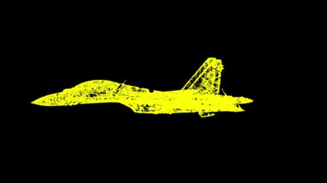 Fighter jet military aircraft flying. Wireframe low poly mesh. Available in FullHD and 4K video