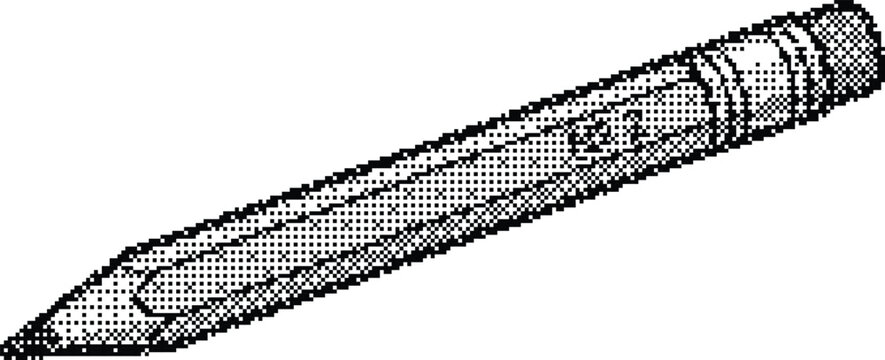 Black and white pixel art pencil vector illustration with eraser, isolated on white