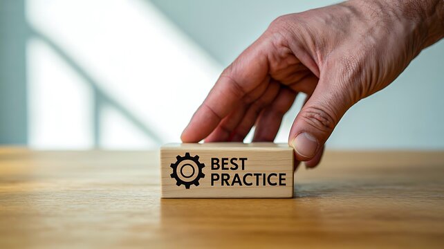 Best practice concept with hand placing wooden block on table