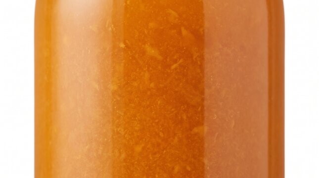 Macro texture of orange sea buckthorn or apricot jam in a clear glass bottle