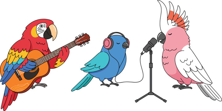 Cute cartoon parrots making music with guitar and microphone, colorful singing bird characters flat vector illustration