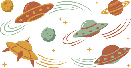 Obraz premium Cute Outer Space Vector Illustration Set featuring Cartoon UFO Spaceships, Planets, Asteroids, and Stars for Children Nursery Patterns and Creative Graphic Designs