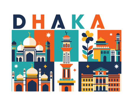 Colorful Dhaka Landmark Illustration and Cultural City Poster