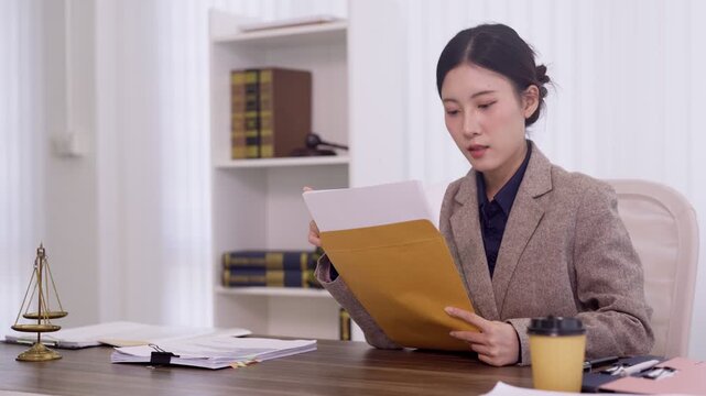 Asian lawyer woman review legal document contract reading file paper professional attorney examine case folder office desk law books scale justice background