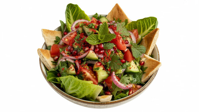 Vibrant Fattoush salad in a rustic bowl with pita bread and fresh herbs
